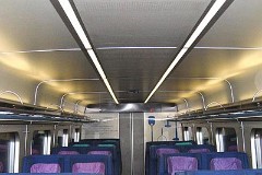 Interior from Ic3 trainset photographed 26. December 2004.  The Ic3 was built by ABB Scandia in Denmark. Each unit consists of 3 coaches. Built in a number of 92 trainsets. The trainsets were put in service in 1989 - 1998. 4 diesel engines of 294 kW per trainset. Max speed 180 km/h - 112 mph. Length 58 800 mm. Weight 97 metric tonnes. 16 seats 1st class, 128 seats 2nd class. Up to 5 trainsets can be put together.
